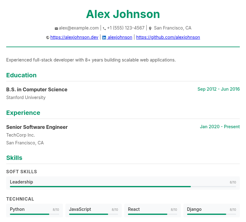 Preview of a resume created with ResumeSnap